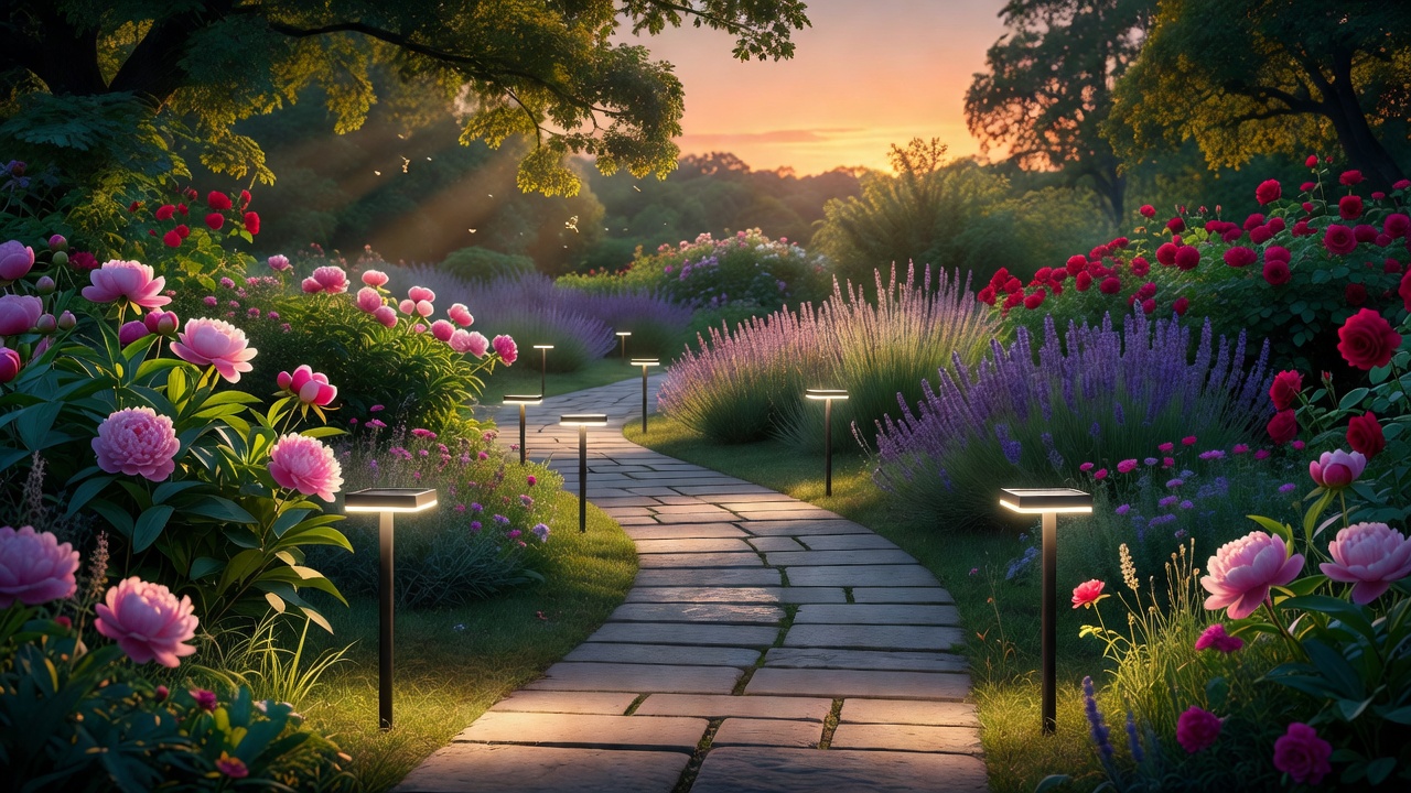 Beautiful garden path illuminated by sleek modern solar stake lights at sunset