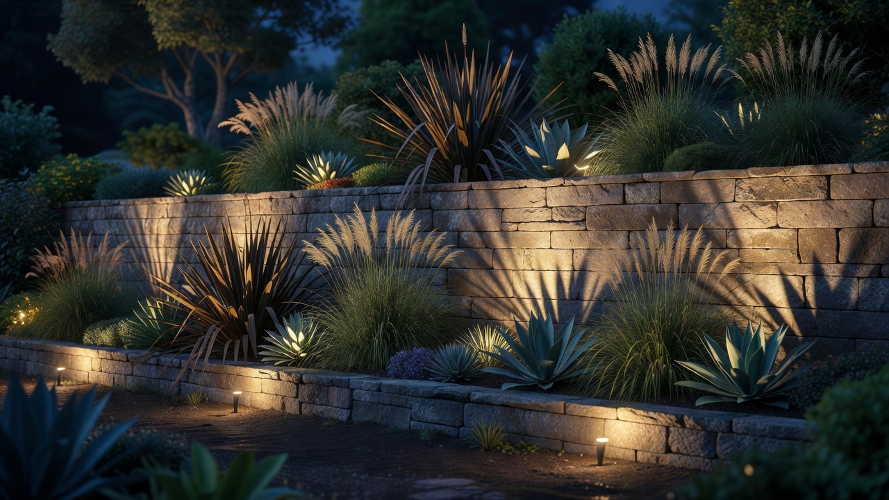 Beautifully illuminated garden retaining wall featuring low voltage uplighting on architectural plants