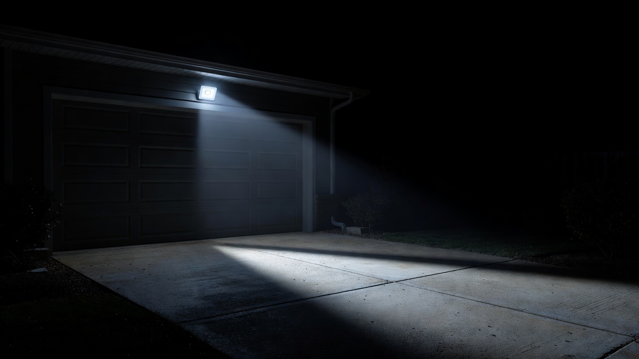 Bright LED motion sensor floodlight illuminating a garage driveway at night
