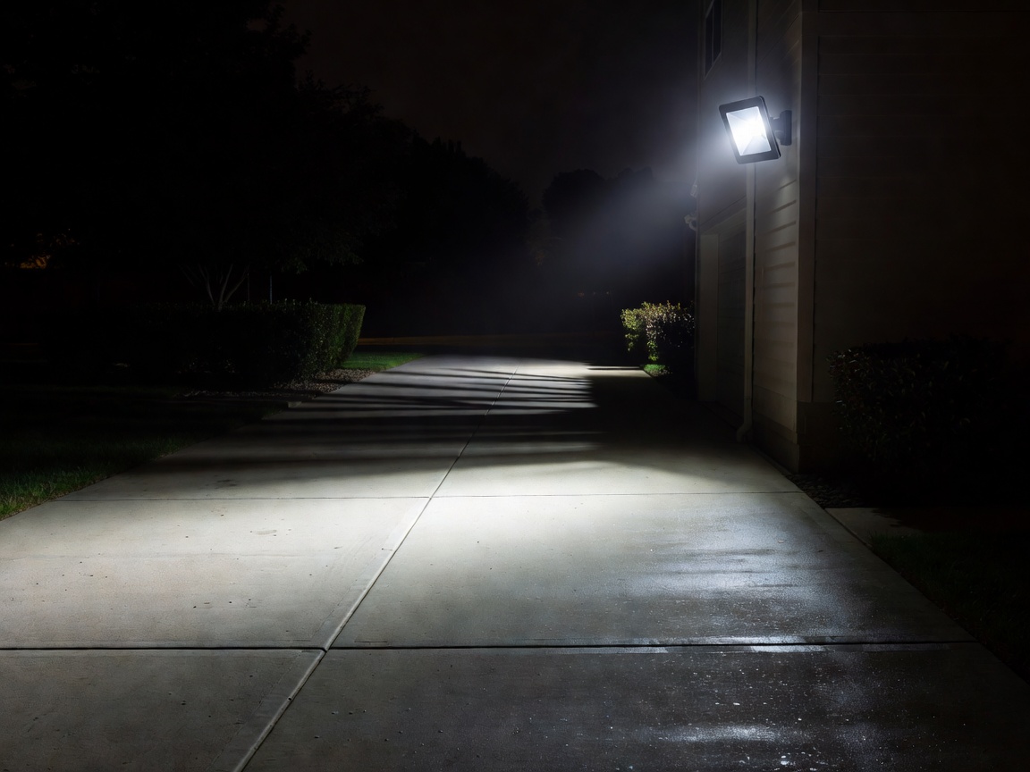 Bright motion sensor security flood light illuminating a driveway