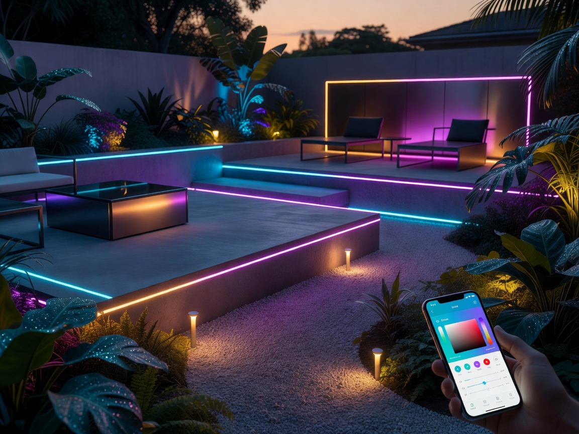 Colorful smart LED lighting controlled via mobile app in a modern garden