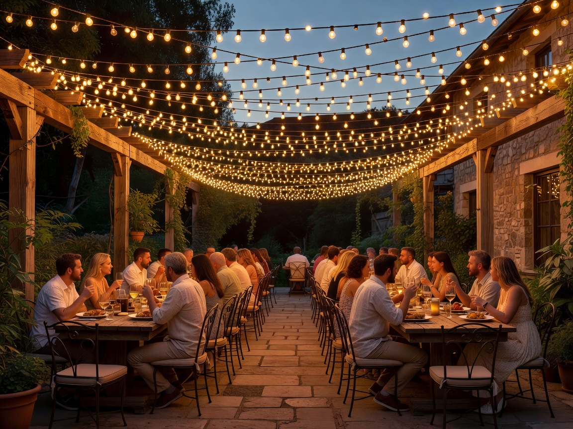 Festoon string lights suspended over an outdoor dining patio