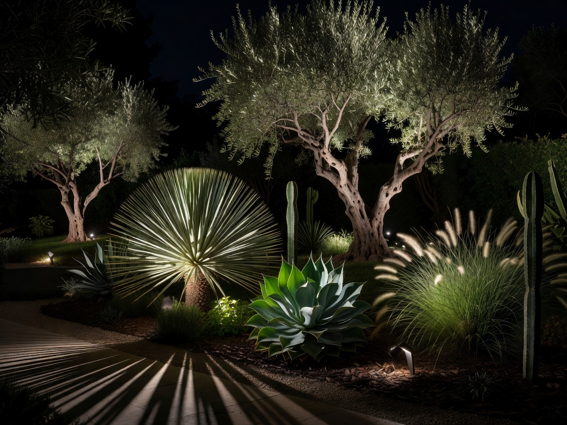 Low voltage spotlights highlighting architectural plants and trees