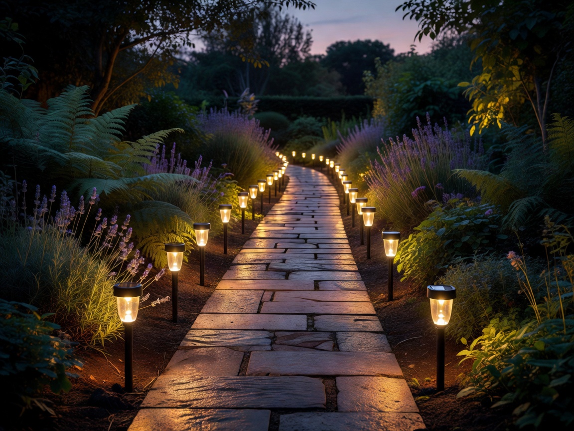 Solar path lights glowing warmly along a garden walkway at dusk