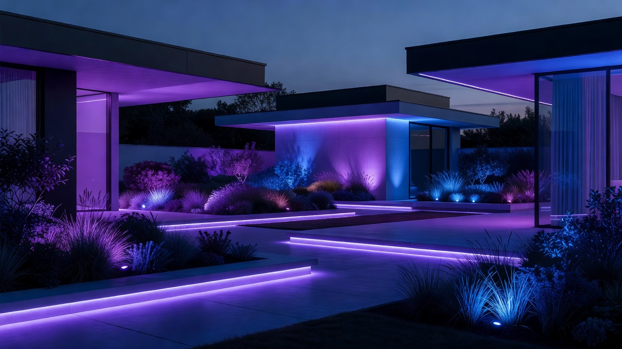 Vibrant purple and blue smart LED landscape lighting illuminating modern garden architecture