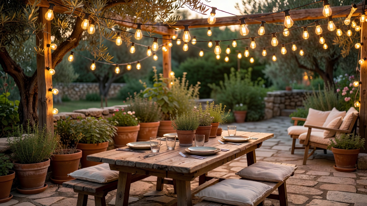 Warm glowing festoon string lights crisscrossing over a cozy outdoor dining area